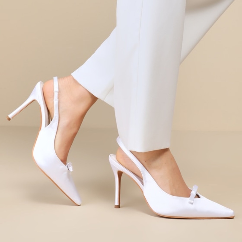 Lulus Alaster White Satin Bow Pointed-toe Slingback Pumps - Size 5.5